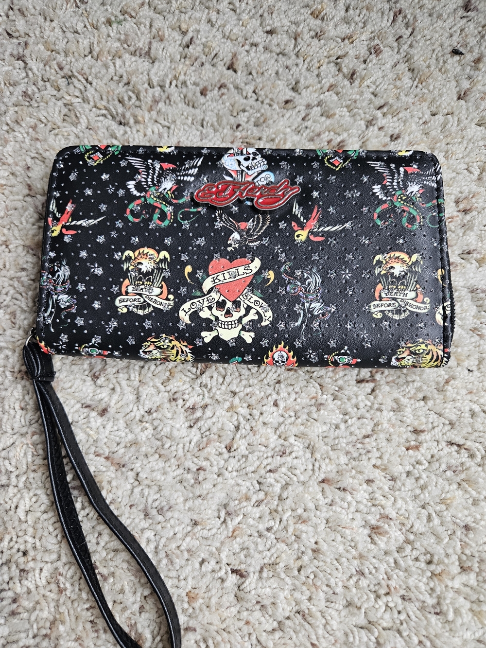 Ed Hardy Black Tattoo-Print Zip Wristlet with Red Logo